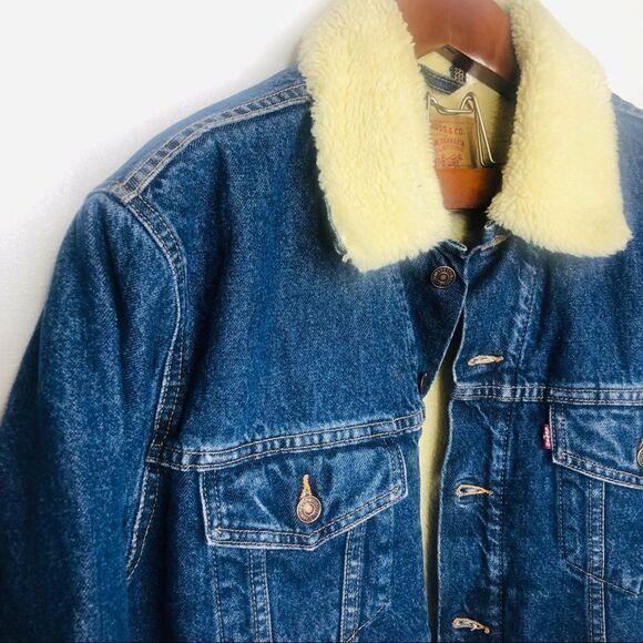 Levi’s Sherpa Trucker Jean Jacket Lined Fuzzy M Medium‎ Navy Blue - Picture 3 of 7